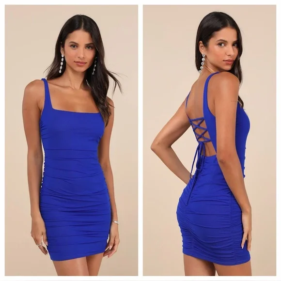 Lulus Sensational Silhouette Royal Blue Mesh Ruched Lace-Up
Mini Dress - Picture 1 of 5